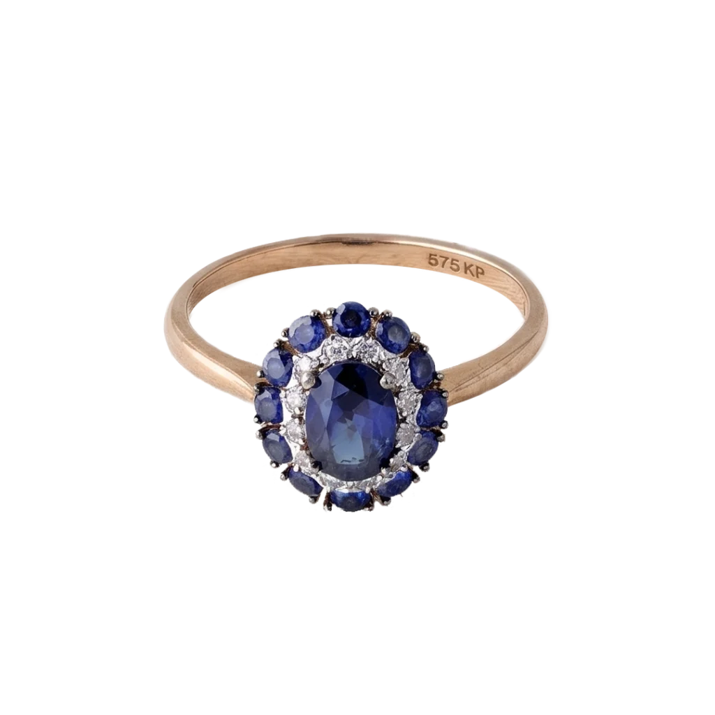 Ring mit ovalem dunkelblauem Stein und Steinkranz